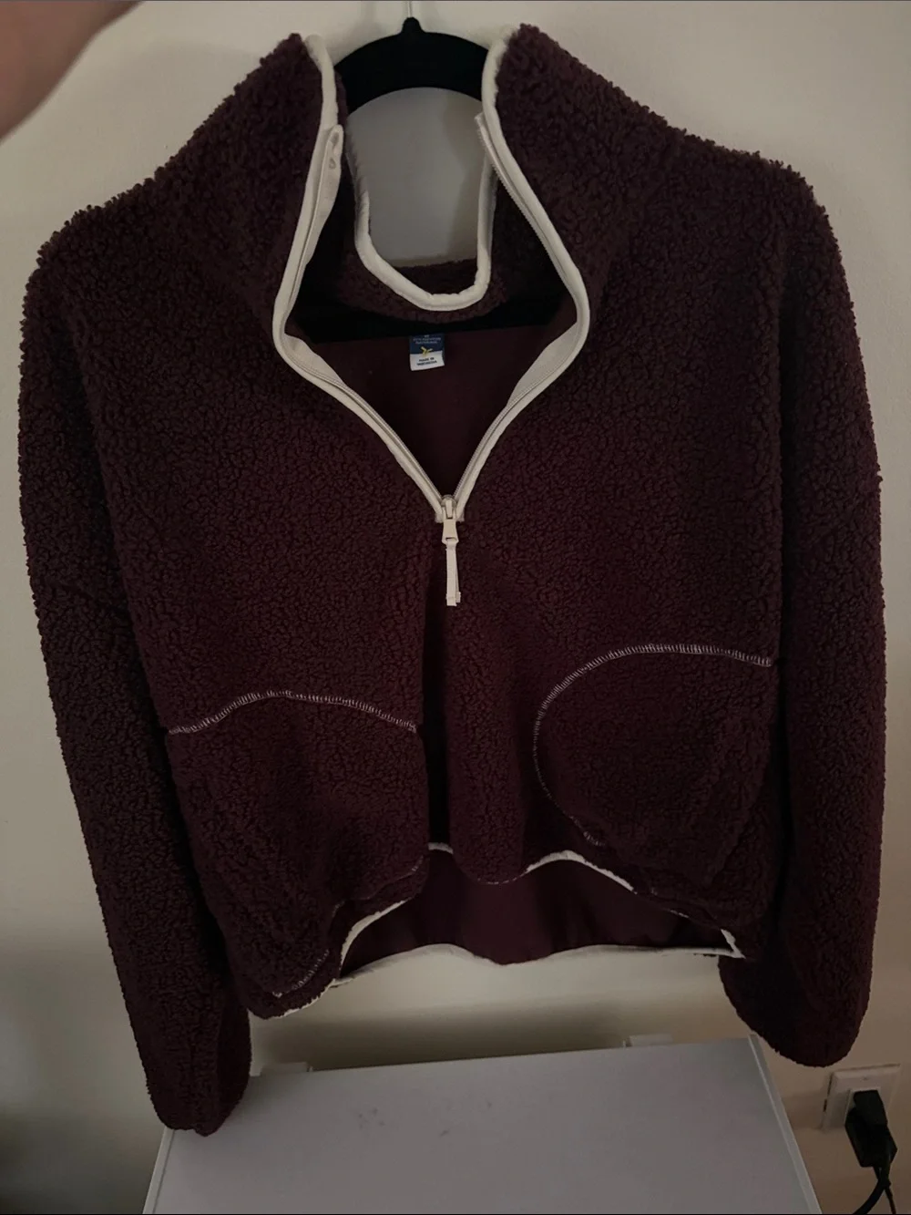 Old Navy Teddy Half-Zip Jacket - Burgundy with Cream Trim